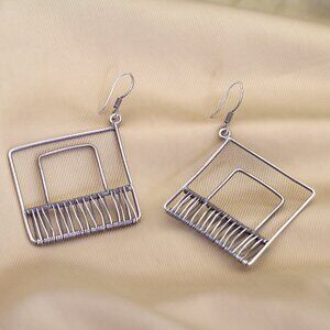Vintage Minimalist Geometric Wire Earrings, 925 Sterling Silver Handmade Jewelry